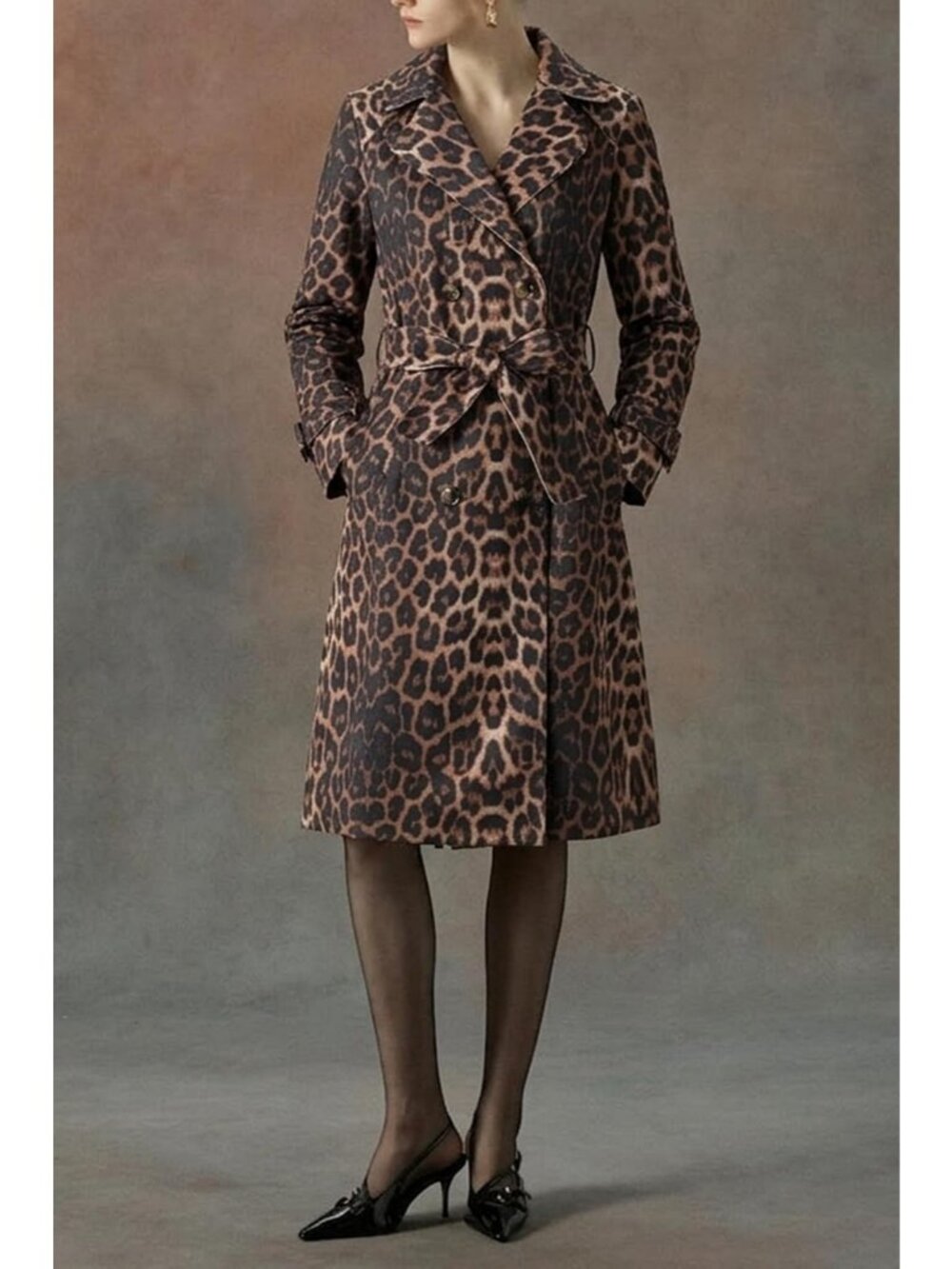 Women's Leopard Polyester Long Sleeve Classic Cuffs Pockets Trench Coat Jackets - Picture 2 of 7